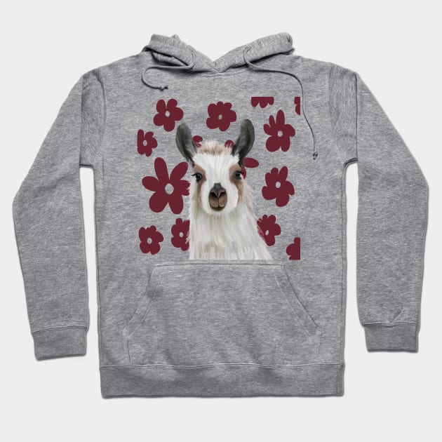 Llama | Burgundy Red Retro Flowers | Llama Lovers gift Hoodie by Suneldesigns